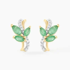 Boucles D'oreilles Puces Angie Or Jaune Emeraude Diamant