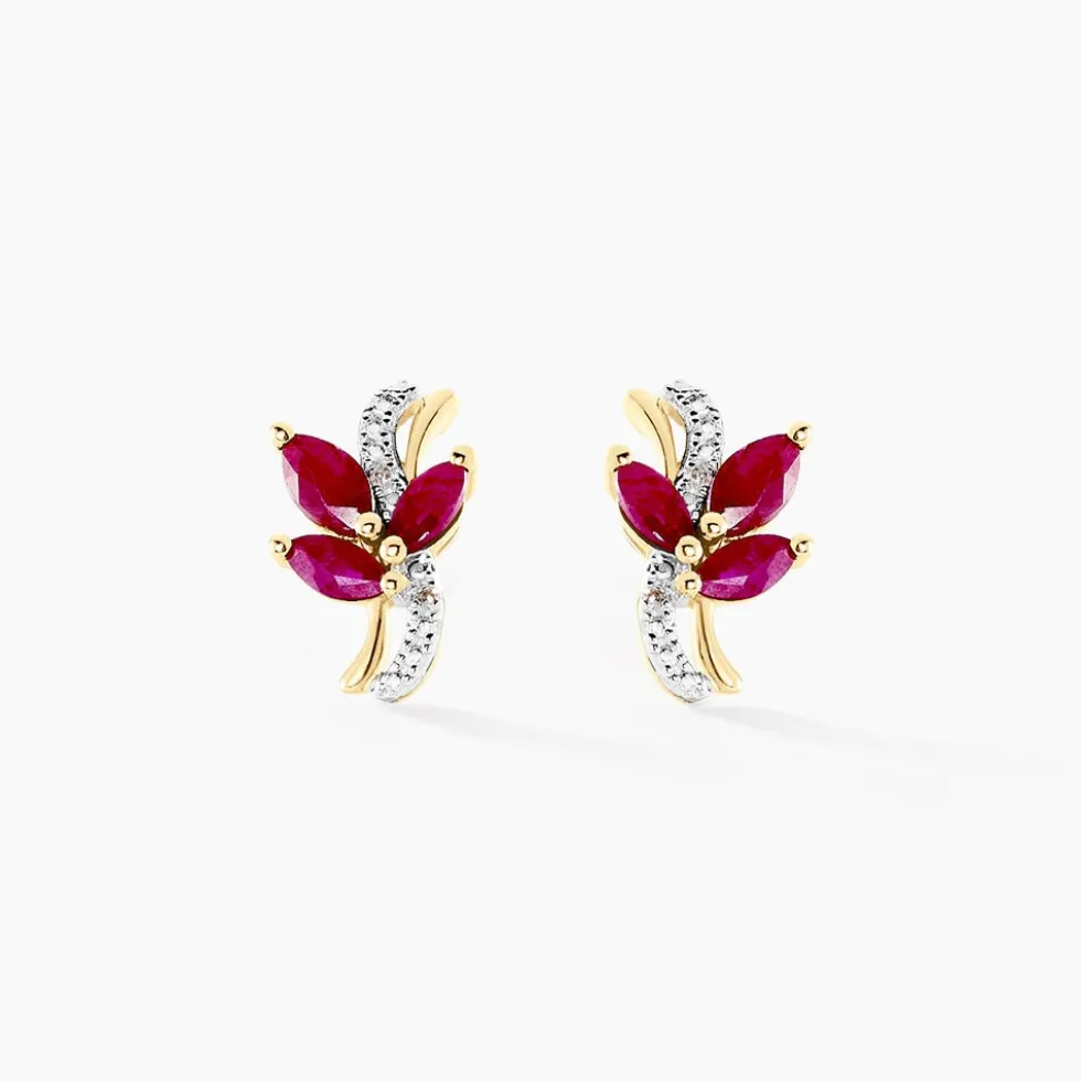 Boucles D'oreilles Puces Angie Or Jaune Rubis Diamant