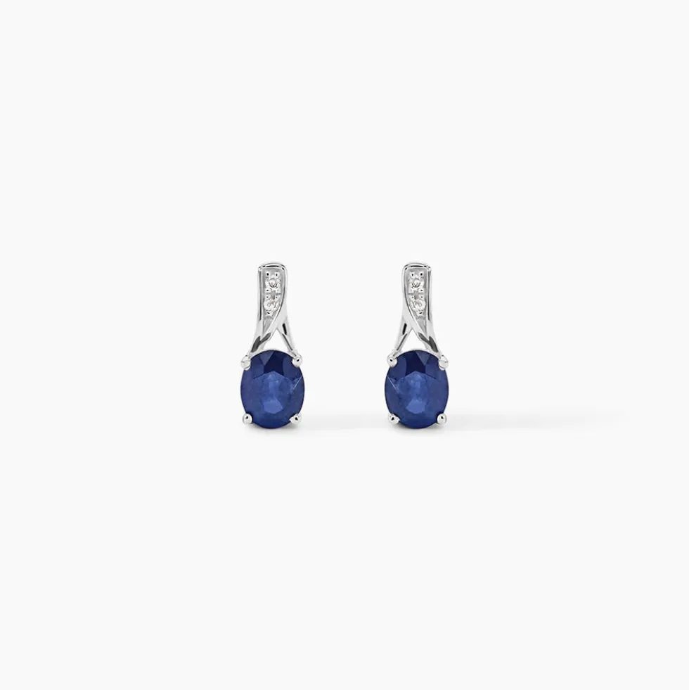 Boucles D'oreilles Puces Charmante Or Blanc Saphir Et Diamant