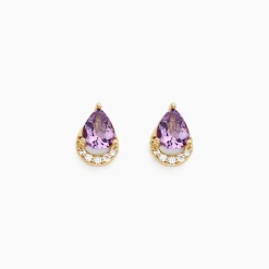Boucles D'oreilles Puces Dinis Or Jaune Améthyste Oxyde De Zirconium