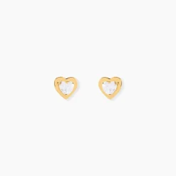 Boucles D'oreilles Puces Dot Coeur Plein Or Jaune Oxyde De Zirconium