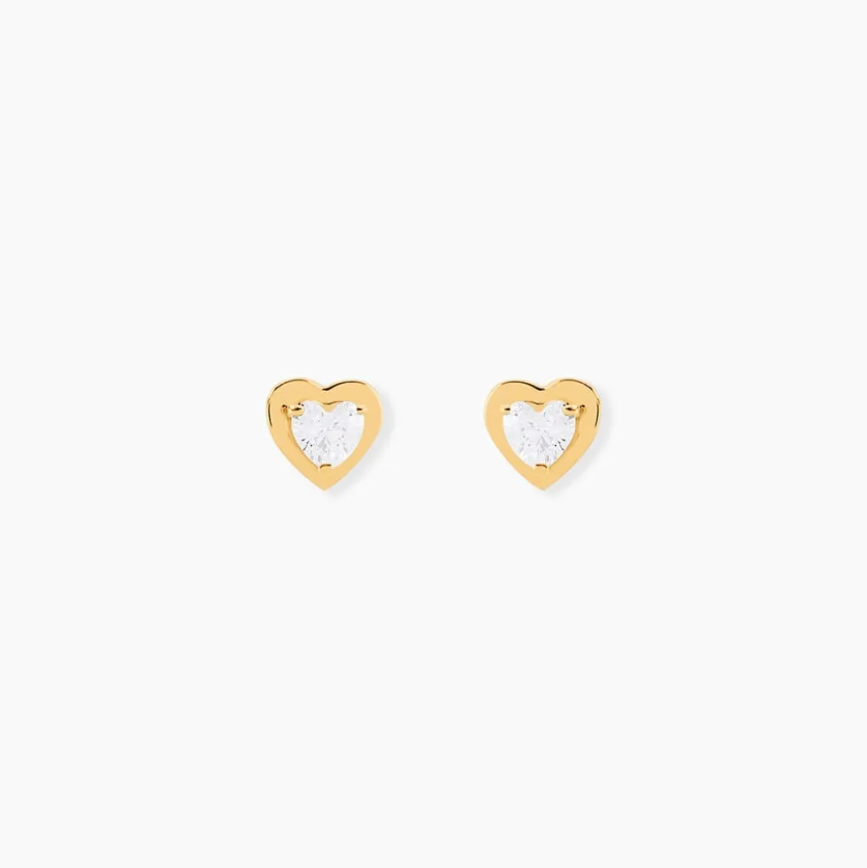 Boucles D'oreilles Puces Dot Coeur Plein Or Jaune Oxyde De Zirconium