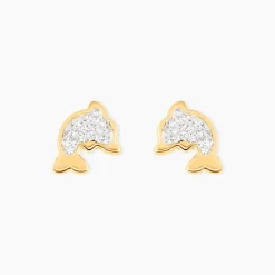 Boucles D'oreilles Puces Edmee Dauphin Or Jaune Strass