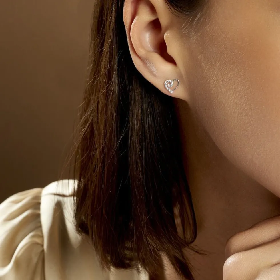 Boucles D'oreilles Puces Eluf Cœur Or Blanc Oxyde De Zirconium