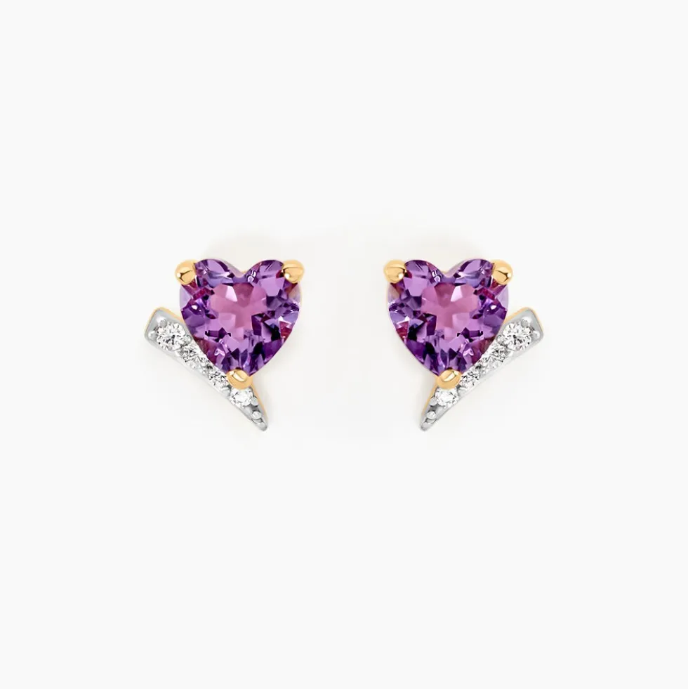 Boucles D'oreilles Puces Eva Or Jaune Amethyste Et Oxyde De Zirconium
