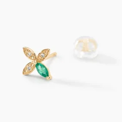 Boucles D'oreilles Puces Flower Power Or Jaune Emeraude Diamant