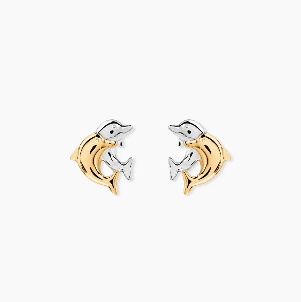 Boucles D'oreilles Puces Fulvie Double Dauphins Or Bicolore