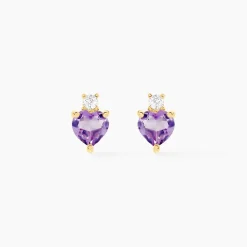 Boucles D'oreilles Puces Heart Or Jaune Améthyste Oxyde Zirconium