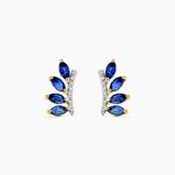 Boucles D'oreilles Puces Navette Or Jaune Saphir Diamant