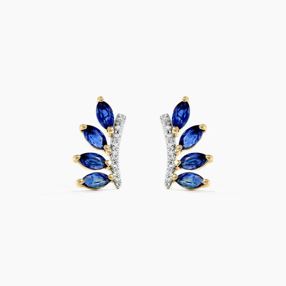 Boucles D'oreilles Puces Navette Or Jaune Saphir Diamant