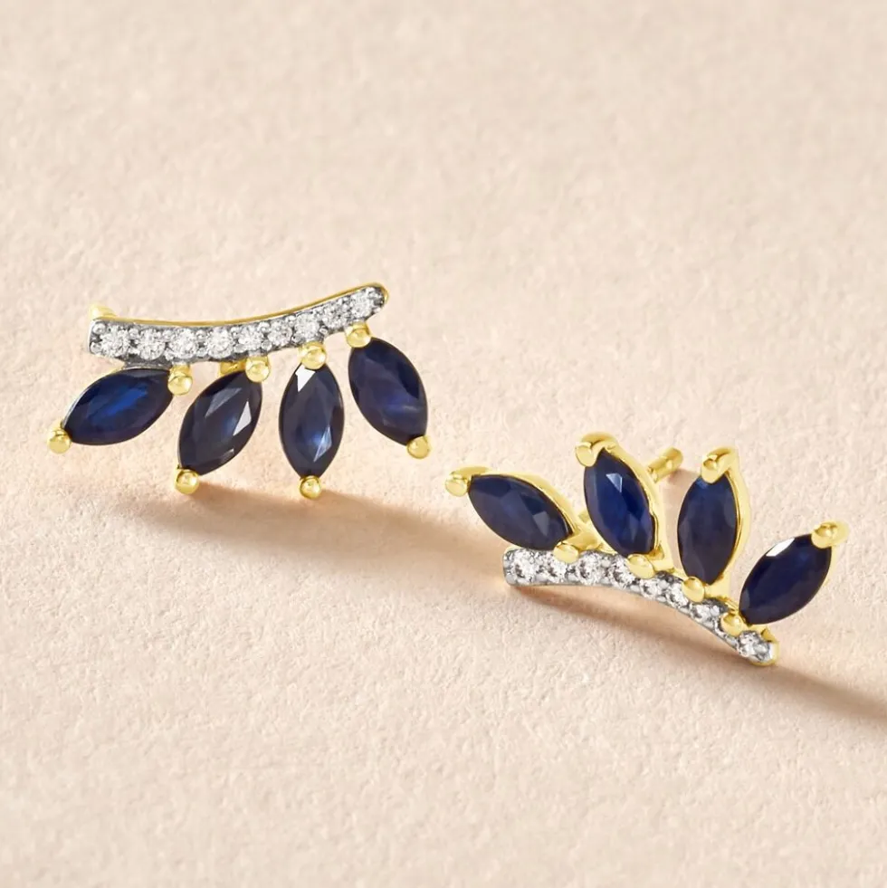 Boucles D'oreilles Puces Navette Or Jaune Saphir Diamant