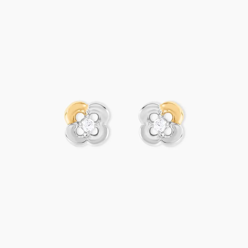 Boucles D'Oreilles Puces Or Jaune Argent Blanc Oxyde De Zirconium