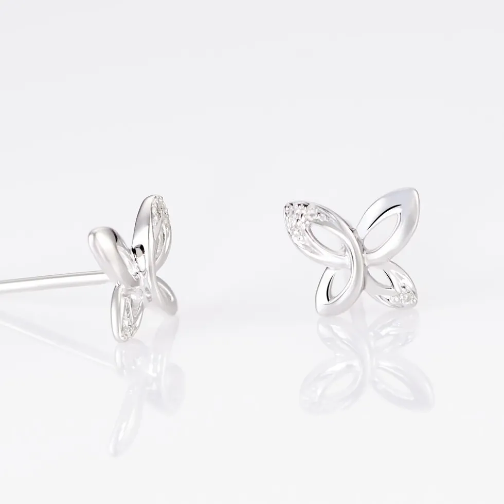 Boucles D'oreilles Puces Papillon Or Blanc Diamant