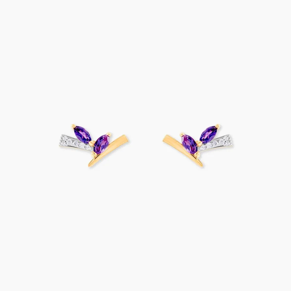 Boucles D'oreilles Puces Petras Or Jaune Améthyste Oxyde De Zirconium