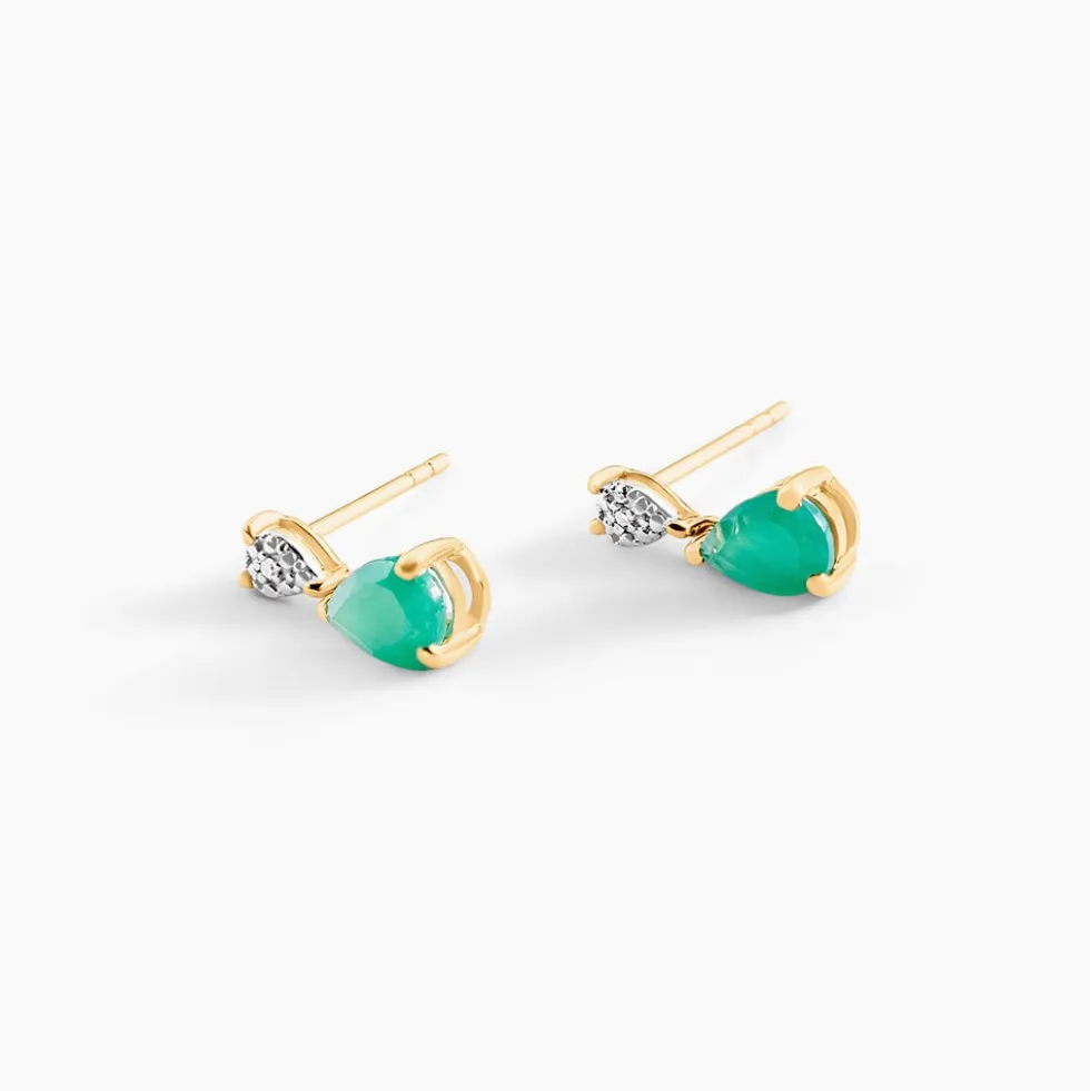 Boucles D'Oreilles Puces Porfirio Or Jaune Emeraude Diamant
