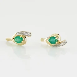 Boucles D'oreilles Puces Sagesse Or Jaune Emeraude Et Diamant