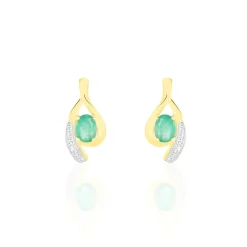 Boucles D'oreilles Puces Sagesse Or Jaune Emeraude Et Diamant