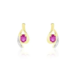 Boucles D'oreilles Puces Sagesse Or Jaune Rubis Et Diamant