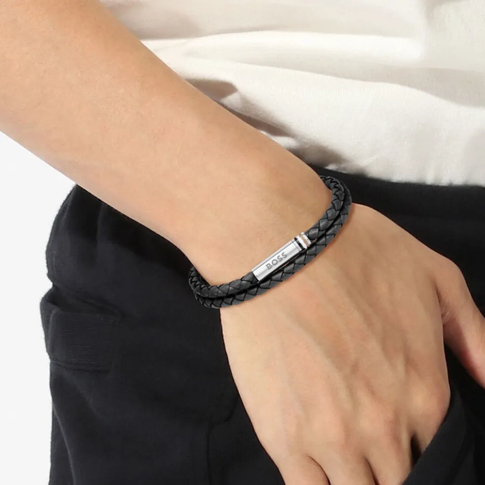 Bracelet Boss Ares Cuir De Veau Noir