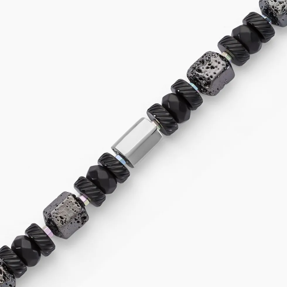Bracelet Dark Pearl Acier Bicolore Pierre De Lave Hématite