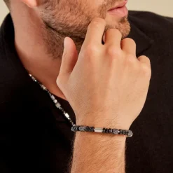 Bracelet Dark Pearl Acier Bicolore Pierre De Lave Hématite