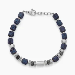 Bracelet Dark Pearl Acier Blanc Hématite Pierre De Lave Agate