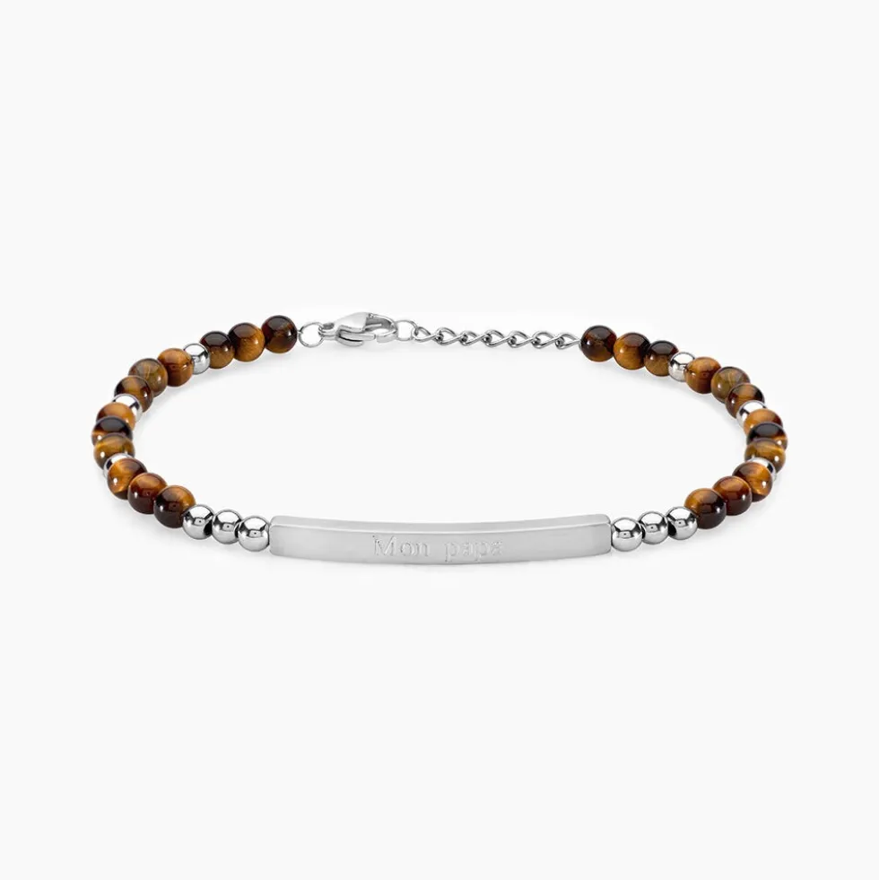 Bracelet Identité Acier Blanc Boules Sebastino œil De Tigre