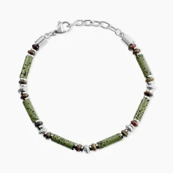 Bracelet Naturel Acier Blanc Jaspe Africain Pierre De Lave