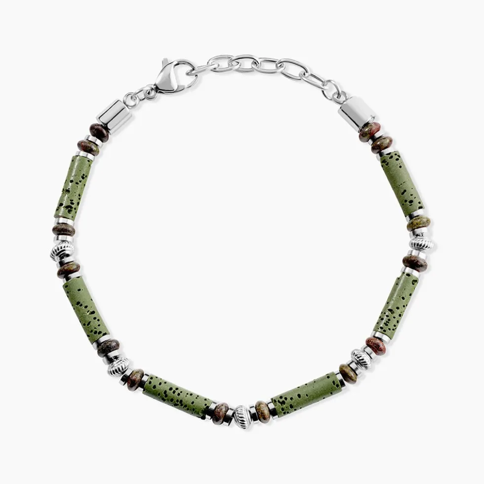 Bracelet Naturel Acier Blanc Jaspe Africain Pierre De Lave