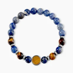 Bracelet Jourdan Archimedes Acier Argenté Oeil De Tigre Sodalite