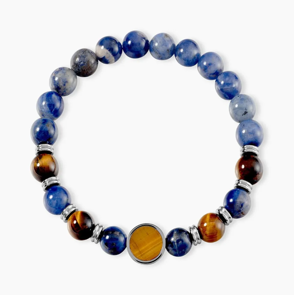 Bracelet Jourdan Archimedes Acier Argenté Oeil De Tigre Sodalite