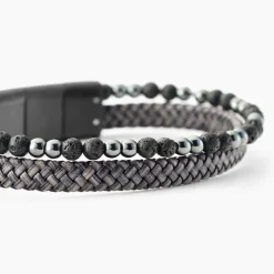 Bracelet Jourdan Cuir De Vache Gris Hématite Pierre De Lave