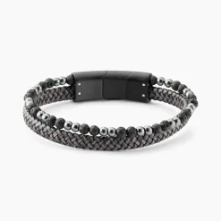 Bracelet Jourdan Cuir De Vache Gris Hématite Pierre De Lave