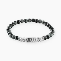 Bracelet Philo Acier Blanc Obsidienne Pierre De Lave