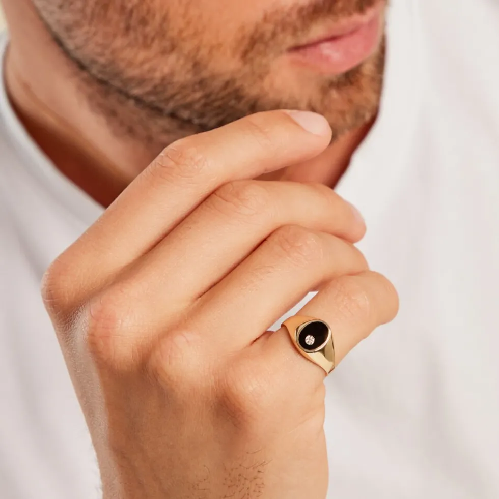 Chevalière Giles Or Jaune Onyx Diamant