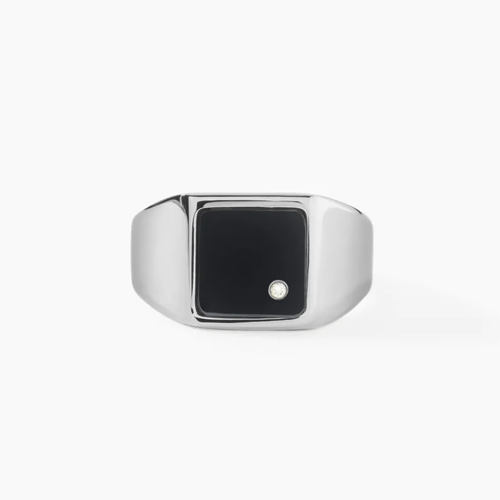 Chevalière Métal Acier Blanc Onyx Diamant Synthétique