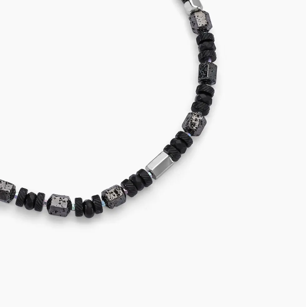Collier Dark Pearl Acier Bicolore Pierre De Lave Hématite