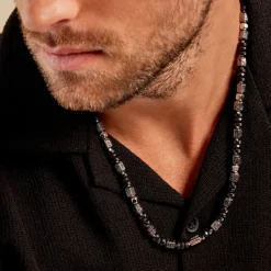 Collier Dark Pearl Acier Bicolore Pierre De Lave Hématite