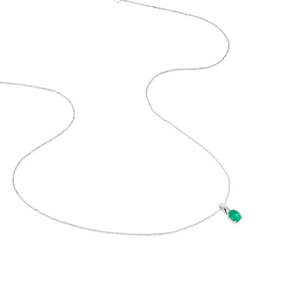 Collier Charmante Or Blanc Emeraude Et Diamant